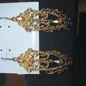 Gold-toned, Chandelier Earrings, Brown Stones